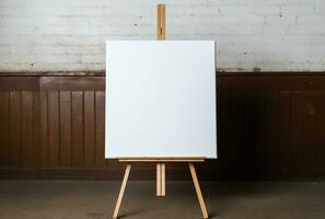 Easel with blank canvas on white wall background. Mockup AI Generated photo