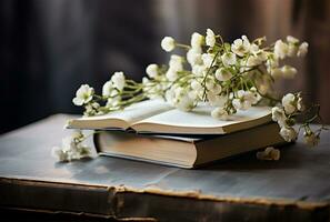 Open book with bouquet of flowers on wooden table, closeup AI Generated photo