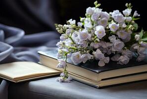 Open book with bouquet of flowers on wooden table, closeup AI Generated photo