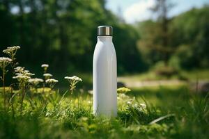 blanco el plastico botella en verde césped en soleado día. Bosquejo para diseño ai generado foto