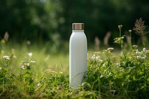 White plastic bottle on green grass in sunny day. Mockup for design AI Generated photo
