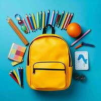 Back to school concept. Backpack with school supplies photo