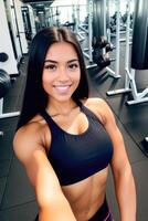 selfie de ajuste joven mujer en el gimnasia, generativo ai foto