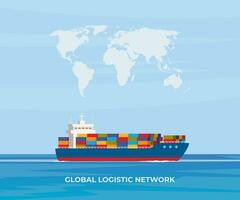 Cargo ship with containers in the ocean. Delivery, shipping freight transportation. Global logistic network. Import, export. Vector illustration.