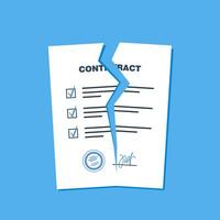 Broken contract or breach of agreement. Expired legal signed document, deal termination, cancellation or end of partnership, torn paper document. Vector illustration.