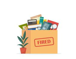 Box with the things of a dismissed employee. Office accessories in cardboard box. Working stuff, documents, plant, photo frame, calculator. Fired from job. Concept of unemployment. Vector. vector
