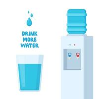 Glass of water and water cooler. Water splash. Drink more water. Vector illustration.