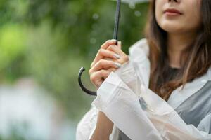 Close-up shot of a woman's hand holding an umbrella in the rain photo