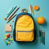 Back to school concept. Backpack with school supplies photo