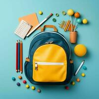 Back to school concept. Backpack with school supplies photo