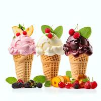 ice cream in a cone with fruits and leaf topping around it photo