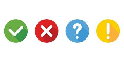 Check mark and cross with question and exclamation signs. Signs collection in the circle with shadow in flat design. vector