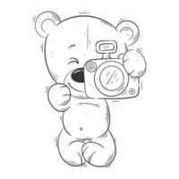 Cute bear carrying a camera for coloring vector