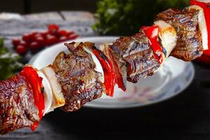 Barbecue meat skewer photo