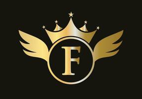 Letter F Wing Logo Concept With Crown Icon Vector Template. Wing Symbol