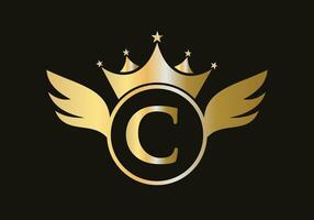 Letter C Wing Logo Concept With Crown Icon Vector Template. Wing Symbol
