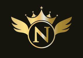 Letter N Wing Logo Concept With Crown Icon Vector Template. Wing Symbol