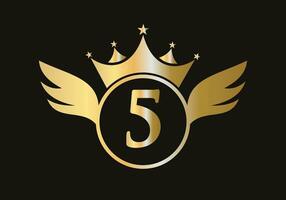 Letter 5 Wing Logo Concept With Crown Icon Vector Template. Wing Symbol