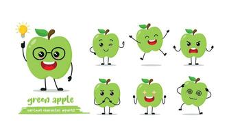 linda verde manzana dibujos animados con muchos expresiones Fruta diferente actividad actitud vector ilustración plano diseño colocar.