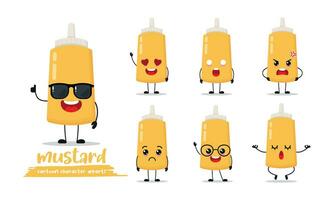 cute mustard sauce cartoon with many expressions. mustard bottle different activity pose vector illustration flat design set with sunglasses.