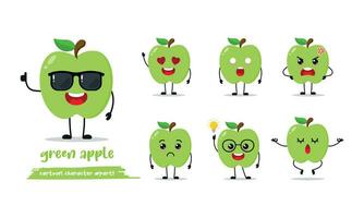 linda verde manzana dibujos animados con muchos expresiones Fruta diferente actividad actitud vector ilustración plano diseño conjunto con Gafas de sol.