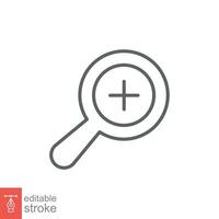 Zoom icon. Simple outline style. Magnify glass with add sign, find, focus, plus, positive, enlarge concept. Thin line symbol. Vector illustration isolated on white background. Editable stroke EPS 10.