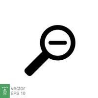 Zoom out icon. Simple flat, solid style. Magnifying glass, find, minus, search concept. Black silhouette, glyph symbol. Vector illustration isolated on white background. EPS 10.