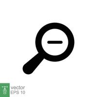 Zoom out icon. Simple flat, solid style. Magnifying glass, find, minus, search concept. Black silhouette, glyph symbol. Vector illustration isolated on white background. EPS 10.