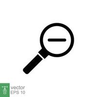 Zoom out icon. Simple flat, solid style. Magnifying glass, find, minus, search concept. Black silhouette, glyph symbol. Vector illustration isolated on white background. EPS 10.