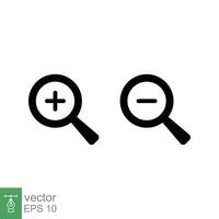 Zoom in and zoom out icons. Simple flat, solid style. Magnifying glass, find, plus, minus, search concept. Black silhouette, glyph symbol. Vector illustration isolated on white background. EPS 10.