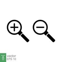 Zoom in and zoom out icons. Simple flat, solid style. Magnifying glass, find, plus, minus, search concept. Black silhouette, glyph symbol. Vector illustration isolated on white background. EPS 10.