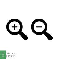 Zoom in and zoom out icons. Simple flat, solid style. Magnifying glass, find, plus, minus, search concept. Black silhouette, glyph symbol. Vector illustration isolated on white background. EPS 10.