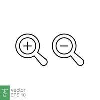 Zoom in and zoom out icons. Simple outline style. Magnifying glass, find, plus, minus, enlarge, reduce, search concept. Thin line symbol. Vector illustration isolated on white background. EPS 10.