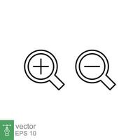 Zoom in and zoom out icons. Simple outline style. Magnifying glass, find, plus, minus, enlarge, reduce, search concept. Thin line symbol. Vector illustration isolated on white background. EPS 10.