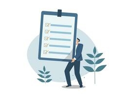 Quality control or document compliance. Confirm the business plan checklist with a checkmark. Inspection, Survey, Businessman holding documents on large clipboard. Vector design illustration.