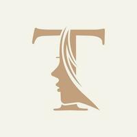 Woman Face Logo On Letter T Beauty Spa Symbol With Woman Face Icon vector