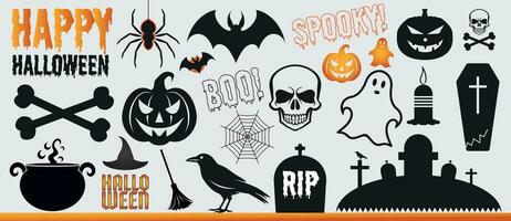 Set of Halloween icons. Black and orange halloween vector stickers. Jackolantern, skull, bones, grave, pumpkins, ghosts. Halloween celebration, Happy halloween