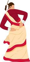 Back View Young Assamese Woman Dancing In Bihu Dance Pose. vector