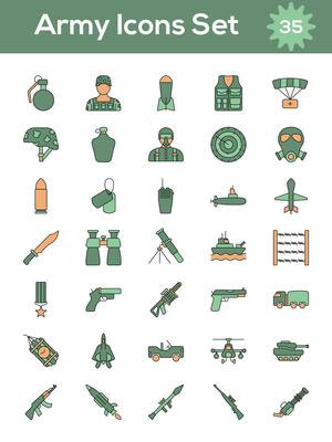 Green And Orange Color Set of Army Icon In Flat Style.