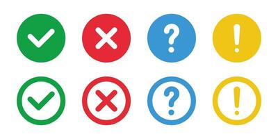 Green check and red cross symbols, blue question marks, and yellow exclamation point vector sign symbol