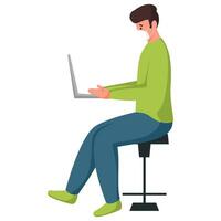 Side View of Young Man Wear Protective Mask with Using Laptop Sit on Stool. vector