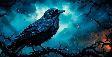 Black crow on a branch, halloween gloomy festive background - AI generated image photo