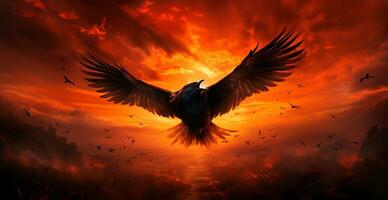 Black raven flying, bright festive halloween background - AI generated image photo