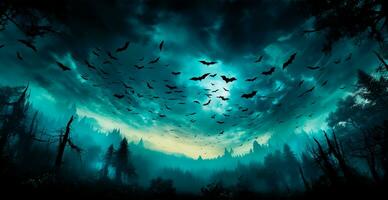 muchos murciélagos volador en el oscuro noche, festivo noche de el muerto, Víspera de Todos los Santos - ai generado imagen foto