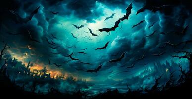 muchos murciélagos volador en el oscuro noche, festivo noche de el muerto, Víspera de Todos los Santos - ai generado imagen foto