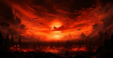 Many bats flying at bright red sunset, festive night of the dead, halloween - AI generated image photo