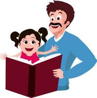 Characters of father and daughter reading book. vector