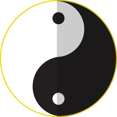 Yin and yang icon with yellow border and half shadow.