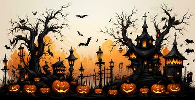 Close-up of carved Halloween pumpkins, gloomy festive background - AI generated image photo