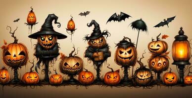 Close-up of carved Halloween pumpkins, gloomy festive background - AI generated image photo